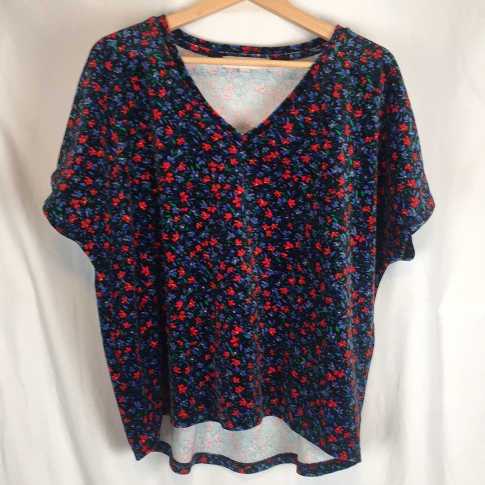 LOFT Navy Floral V-Neck Blouse with Red and Blue Flowers